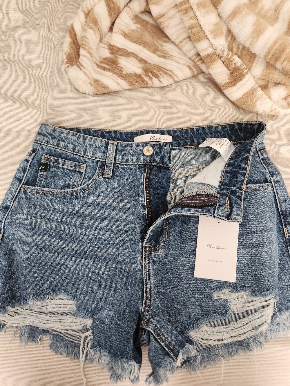 KanCan Distressed High-Waist Blue Denim Jean Shorts
